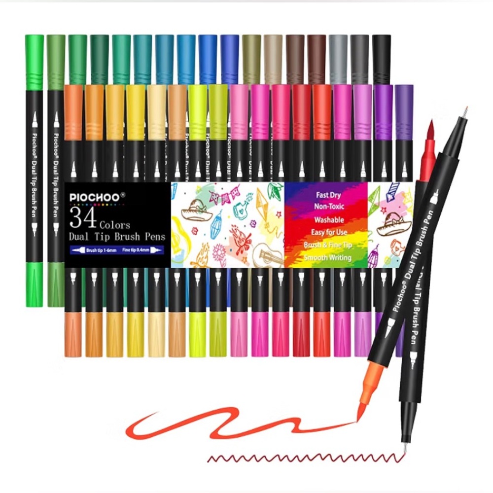 34-Pack Dual Tip Brush Pens Fine Point Marker Set Adult Coloring Arts Crafts